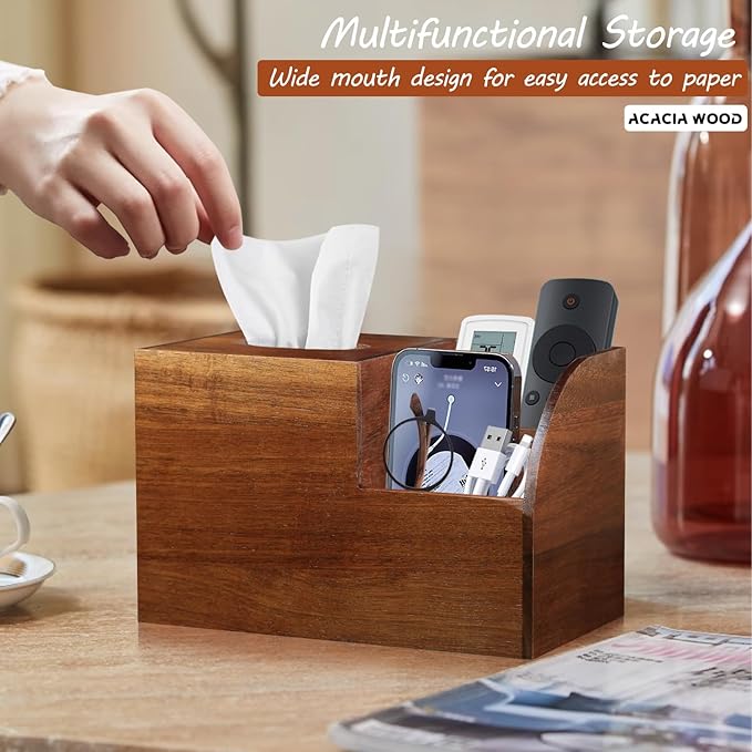 BIBELUN Square Tissue Box Cover,Multi-Functional Wood Tissue Box Holder with Storage Grid,Tissue and Remote Control Holder,Decorative Facial Tissue Cube Box Organizer for Desk,Nightstand,Bathroom