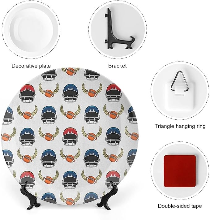 Ceramic Display Plate, American Football Ceramic Hanging Decorative Plate, Rugby Championship Professional League Fun Game, 10 Inch, Living Room Kitchen Decoration Household, Multicolor