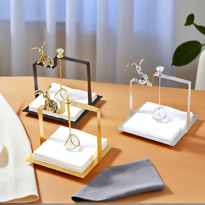 Bunny Napkin Holder for Tabletop, Decorative Square Plastic Rabbit Paper Towel Dispenser - Compact for Kitchen Counter, Home Bar, Farmhouse & Restaurant Table Decor (Silver)