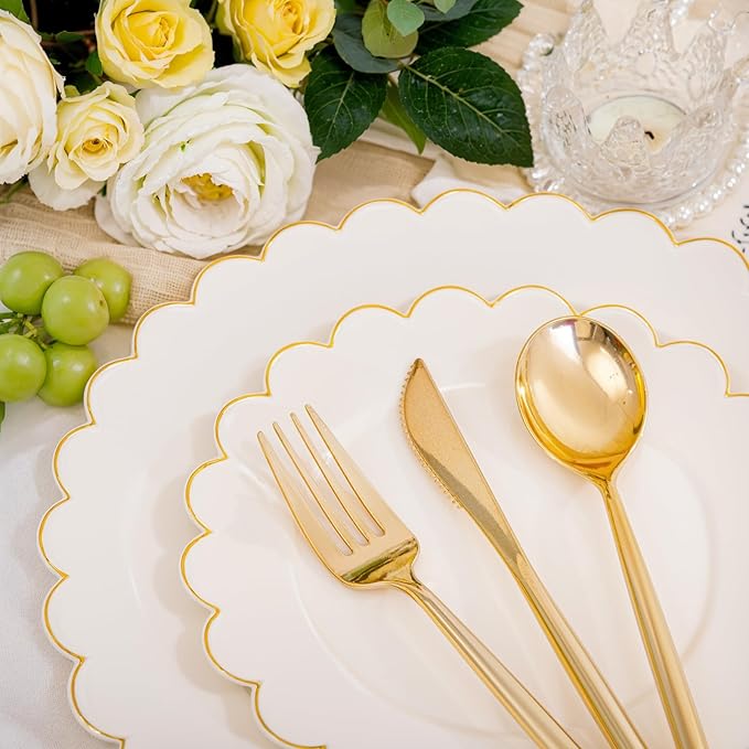 LIYH 210 Pcs Ivory Plastic Plates Scalloped Plastic Plates Disposable Dinnerware Set Cream Gold Scalloped Plate Include Plate Gold Silverware Napkins Cup for Birthday Valentine's Day 30 Guests