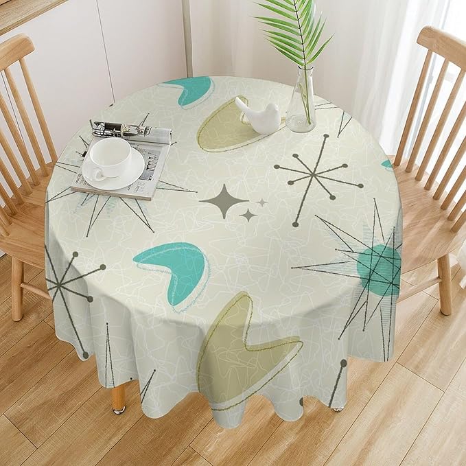 Mid Century Round Tablecloth, Modern Atomic Abstract Geometric Pattern Tablecloth for Home Party Dining Room Kitchen Decorm 50Inch(127cm)