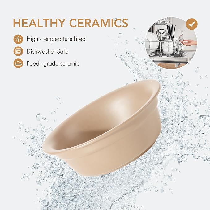 Ceramic 8.7-inch Raised Double-Bowl Set with Non-Slip Stand, 4 Cup Food or 37 oz Water Dishes for Large Dogs, Wide Opening with Rounded Edges(Oat Beige)