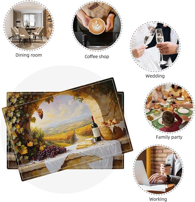 Wine Placemats Set of 6, French Country Grape Place Mats, Grapes Waterproof Washable Table Mats for Home Party Indoor Kitchen Dining Table Decoration 12x18 Inch