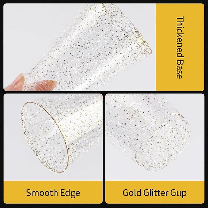50PCS 9oz Glitter Plastic Cups for Party, Disposable Gold Cups, Plastic Cocktail Glasses for Wedding Thanksgiving, Christmas, and Parties