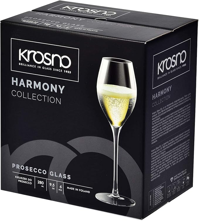 Krosno Large Prosecco Champagne Sparkling Wine Flutes, Set of 6, 9.4 fl oz, Rounded Shape for Ideal Bubbles, Dishwasher Safe, Made in Europe