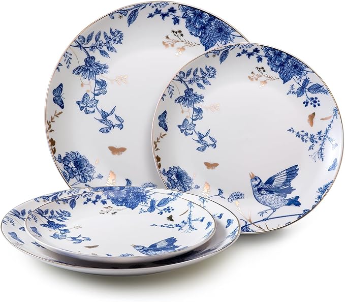Porcelain Floral Plates Ceramic 8 Inch & 10 Inch Ceramic Plates 4 Pieces, Dessert Plate Blue and White, Salad Plate Set, Floral Dinnerware Set for Kitchen, Dinner Plate for Cake Snacks Side Dish