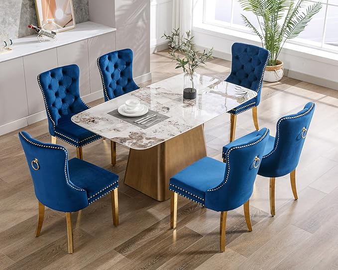 KCC Velvet Dining Chairs Set of 6, Upholstered High-end Tufted Dining Chair with Nailhead Back Ring Pull Trim Stainless Steel Legs, Contemporary Nikki Collection Modern Style for Kitchen, Blue