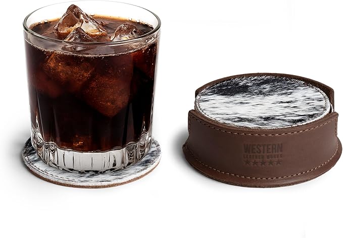 Set of 6 Circular Coasters for Drinks, Glass & Cups Stain Protection, Full Grain Leather, Handmade (Furry)
