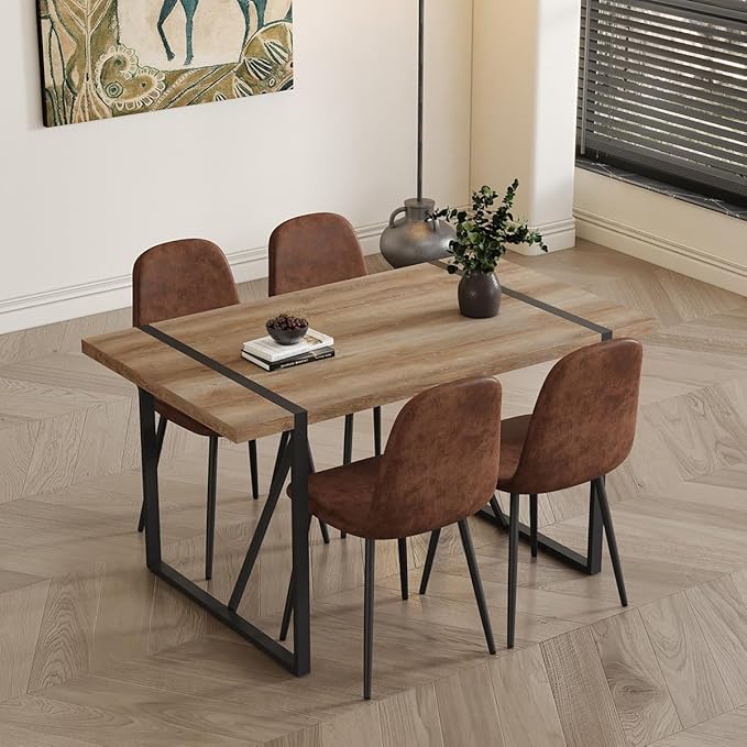 4 Chair Dining Table Set，Dinner Table Set for 4，55'' Kitchen Table and Suede Nap Fabic Chairs Set of 4, 5 Piece Dining Table Set for Kitchen Dining Room