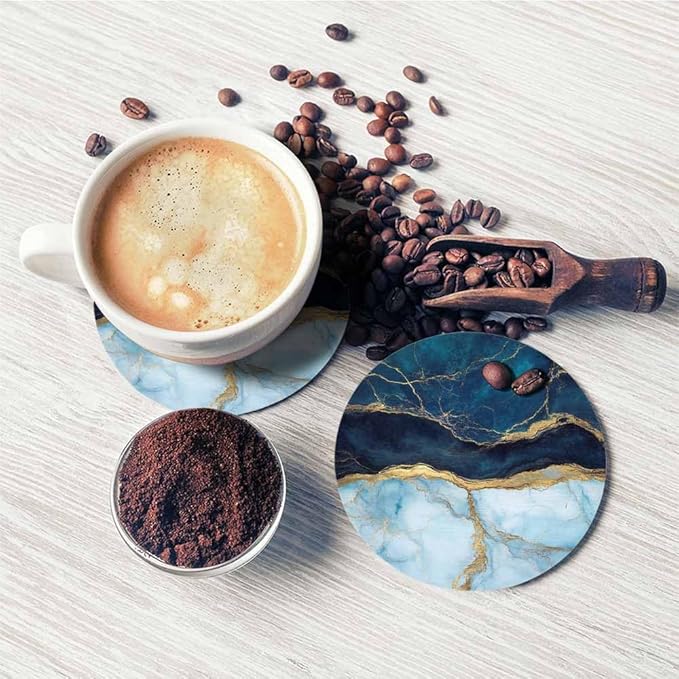 Blue Marble Cup Coasters Set of 2 Fake Stone Liquid Texture Abstract Background Wooden Table Apartment Decor 100% Diatomite for Drinking Glasses,4 Inches