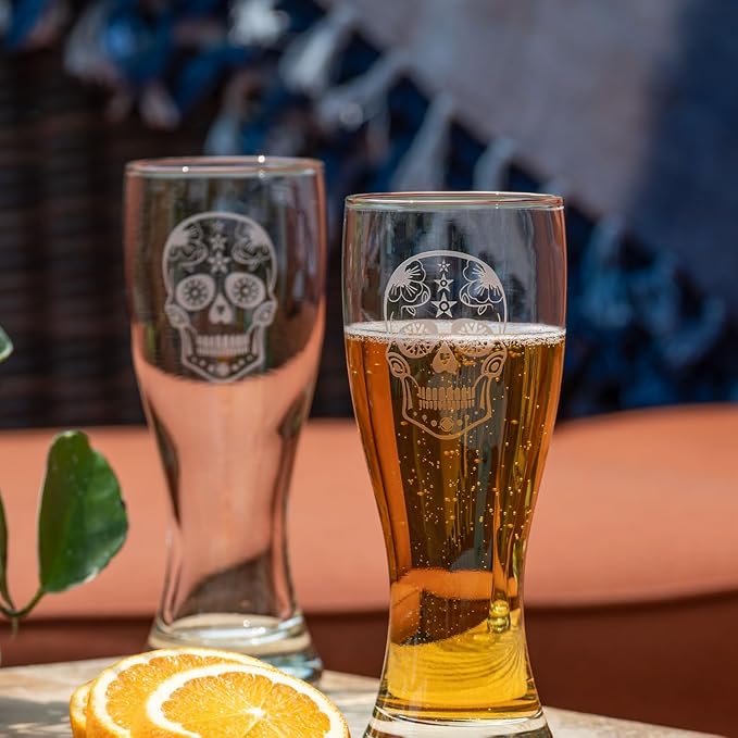 Rolf Glass Sugar Skull 20oz Beer Pilsner | Set of 4 | Large Craft Beer Glasses | Designed and engraved in the USA