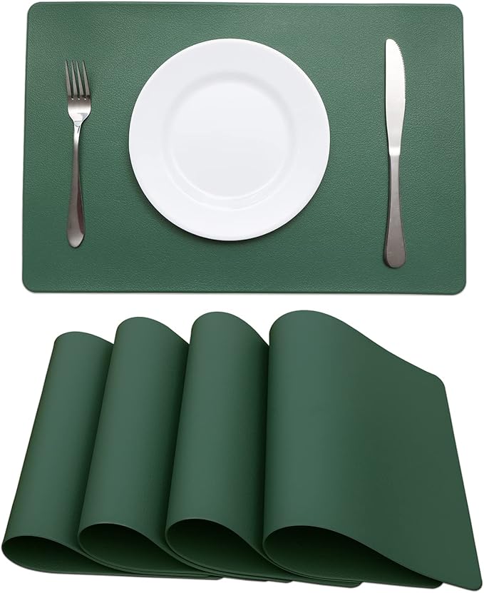 Faux Leather Placemats HeloHo Green Table Place Mats Set of 4 Waterproof Oilproof Heat Stain Resistant Washable Wipeable Placemat for Kitchen Dining Table Decoration Indoor Outdoor