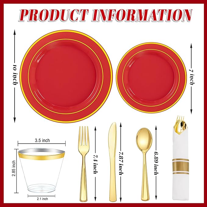175 Pieces Red Plastic Plates with Gold Rim Include Dinner Plate 10”, Dessert Plate 7”, gold Cups 9 OZ, Pre Rolled Napkins 25 of each type for Party Valentine's Day