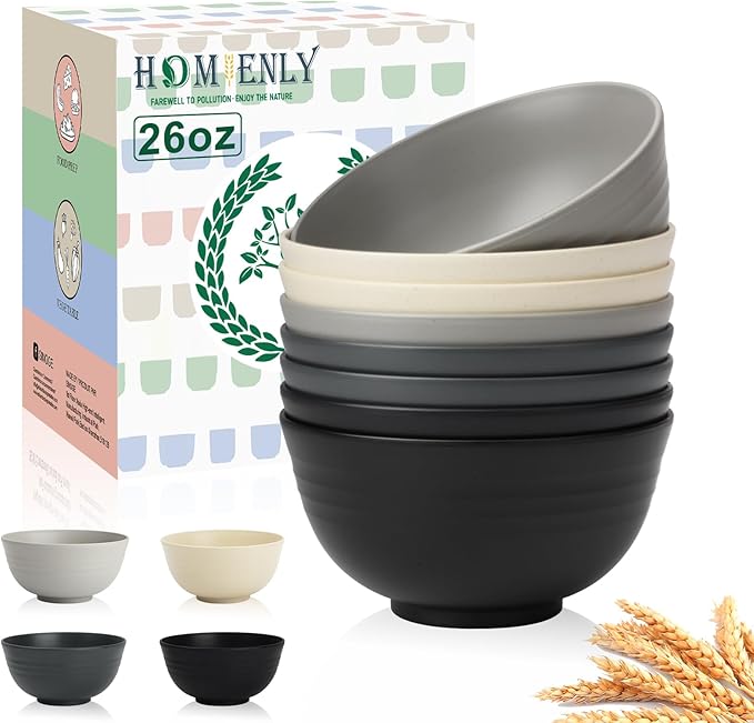 Homienly Premium Wheat Straw Bowls 8 PCS Unbreakable Bowl for Kitchen Cereal Bowls Lightweight Bowl Set, Reusable Microwave and Dishwasher Safe Bowl Set for Soup,Ramen,Salad(Grey Stone, 26 OZ)