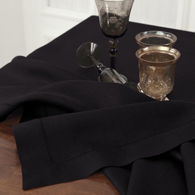 Solino Home Black Linen Tablecloth 60 x 132 Inch - Classic Hemstitch, 100% Pure Linen Rectangular Tablecloth - Machine Washable Table Cloth for Spring, Easter