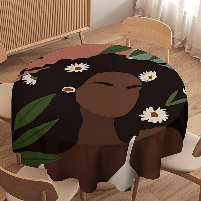 Bohemian Retro Mid Century Round Tablecloth, African Woman Girl Leaves Flower Tablecloth for Home Party Dining Room Kitchen Decor 60Inch(152cm)