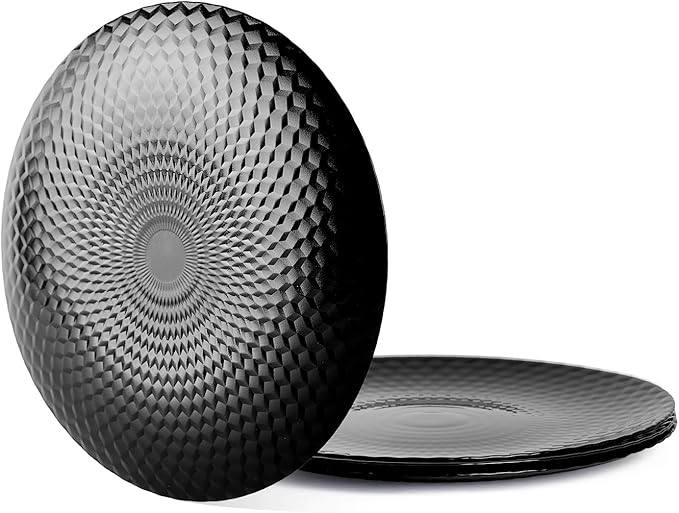 8.5 inch Salad Plate Set of 6, Opal Glass Round Geometric Faceted Small Black Plates for Dessert, Kitchen, Dishwasher and Microwave Safe