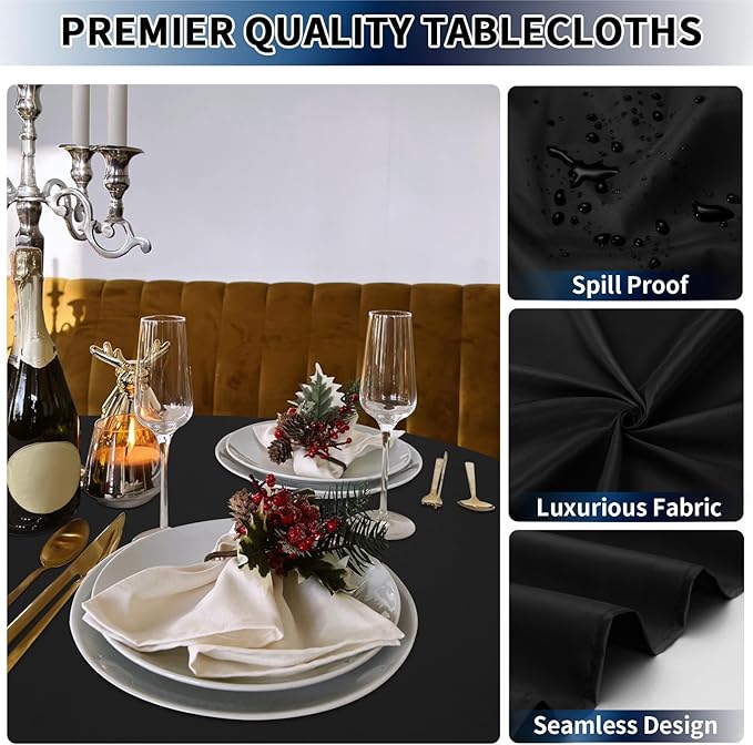 PureFit 10 Pack Round Black Table Cloths 70 Inch for Round Tables, Stain and Wrinkle Resistant Table Linens for Home Use, Wedding, Party, Banquet and Camping