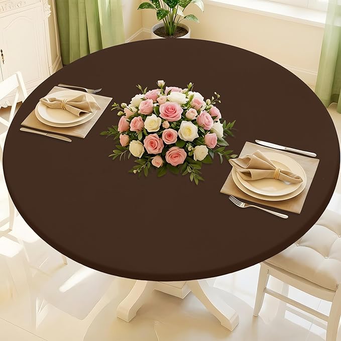 Round Spandex Tablecloth, Elastic Fitted Waterproof Tablecloths for 57"-68" Tables, Stretch Washable Picnic Table Cover for Camping, Dining, Indoor and Outdoor, Coffee