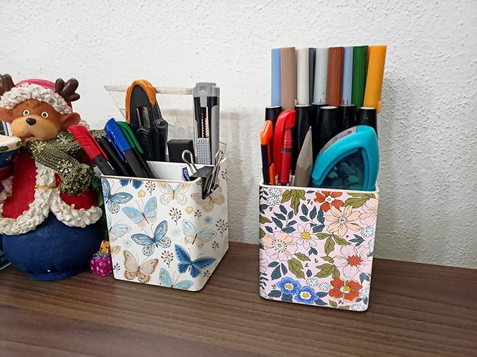 Pen Pencil Holder, Makeup Brush Holder,Ceramic Remote Control Holders Organizer with 2 Compartment Floral Multi-functional Office Organizers Storage Caddy Desk Tv Remote Holders Pink Flowers
