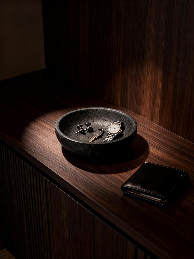 Black Travertine Bowl, 7.8" Luxurious Natural Stone Centerpiece Bowl for Modern Home Decor, Handmade Fruit Bowl, Jewelry Dish, Sophisticated Tabletop Sculpture