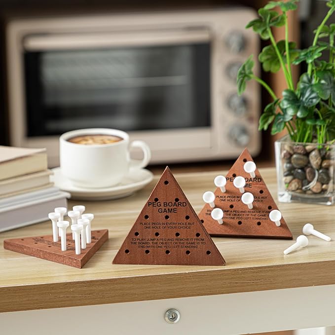 Skylety 12 Pack Triangle Peg Games Wooden Board Table Game for Family Boys Girls Adults, Learning Toys Travel Peg Jump Toys Triangle Puzzle Brain Teaser Christmas Gifts (Dark Color)