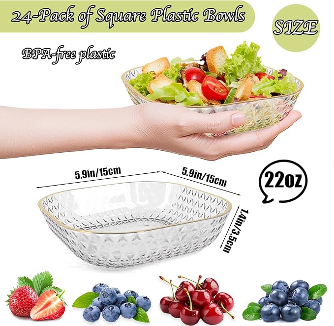Clear Plastic Bowls, 24 Pack 22 Oz Plastic Serving Bowl Salad Serving Bowl Fruit Salad Bowl For Party Wedding Birthday Snack Fruit (Transparent)