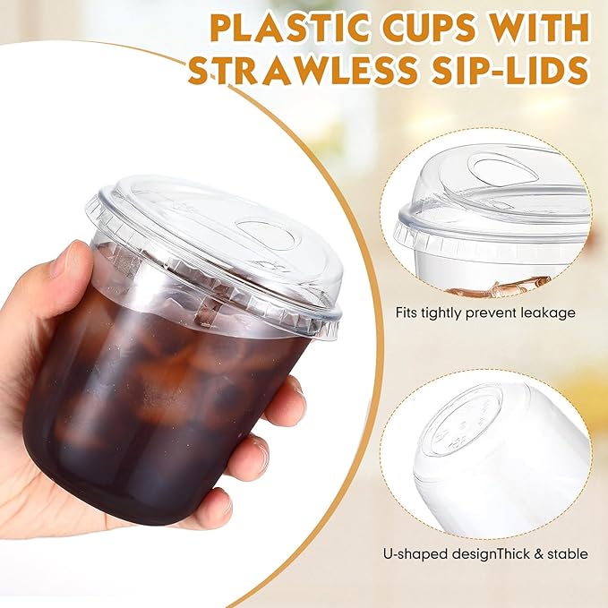 Baderke 100 Pcs Plastic Cups with Sip Lids Round Bottom Disposable Plastic Coffee Cups with Lids Clear Strawless Crystal Mugs for Iced Coffee Smoothie Cold Beverage Party Catering Supplies (12 oz)
