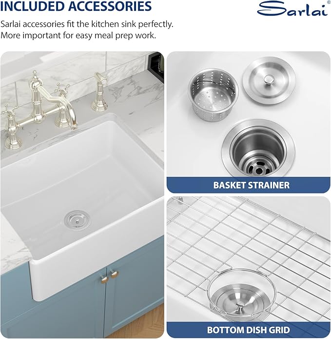 Sarlai 30 White Farmhouse Kitchen Sink - 30 x 20 Inch Kitchen Sink Apron Front Farm Style Sink White Ceramic Porcelain Fireclay Single Bowl Farm Sink Basin