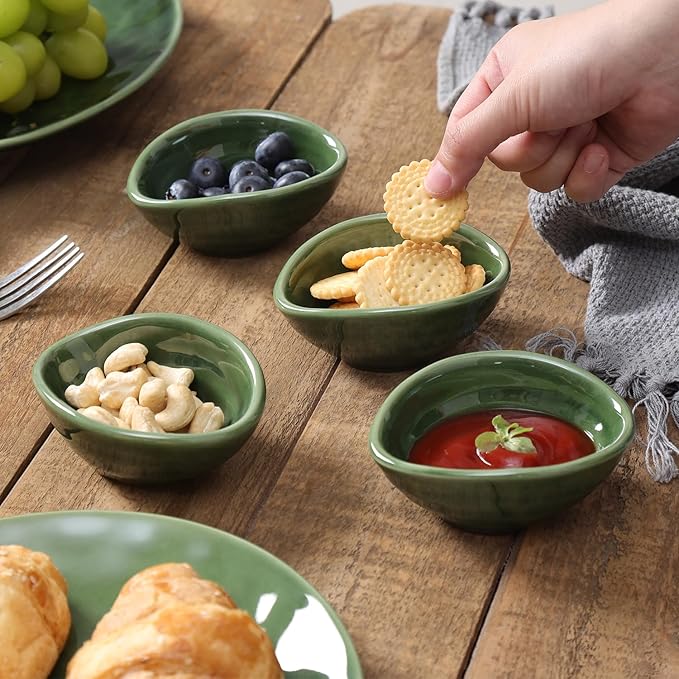 vicrays Ceramic Dipping Sauce Bowls – Small Charcuterie Dip Cups Cooking Prep Condiment Oil Dish Mini Tapas Plates for Soy Sushi Salsas Wasabi Appetizer Dessert - Set of 6 Green