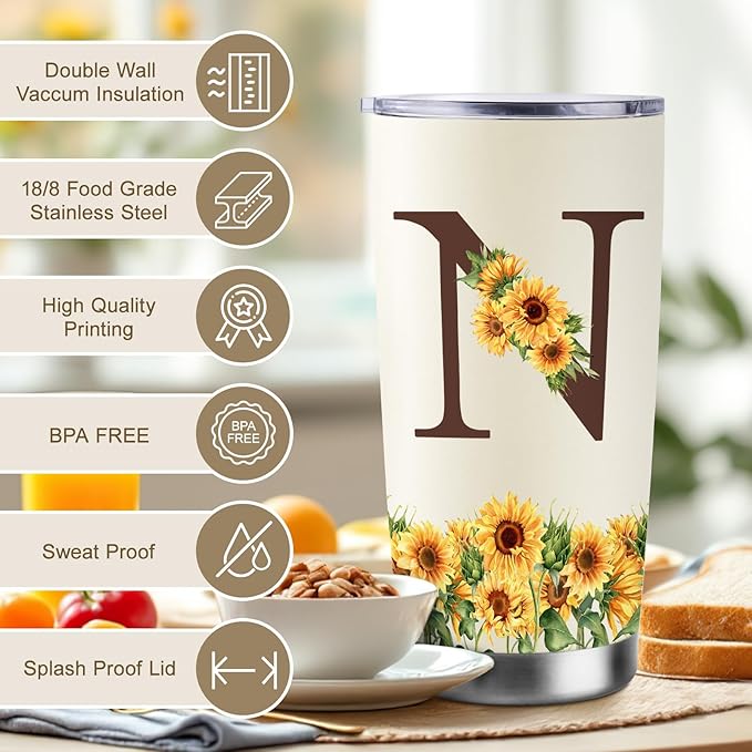 Sunflower Gifts for Women - Personalized Christmas Gifts for Women - Birthday Gift for Woman - Mothers Day Gift for Mom - Monogrammed, Initial 20oz Travel Cup Insulated Tumbler with Lid, N