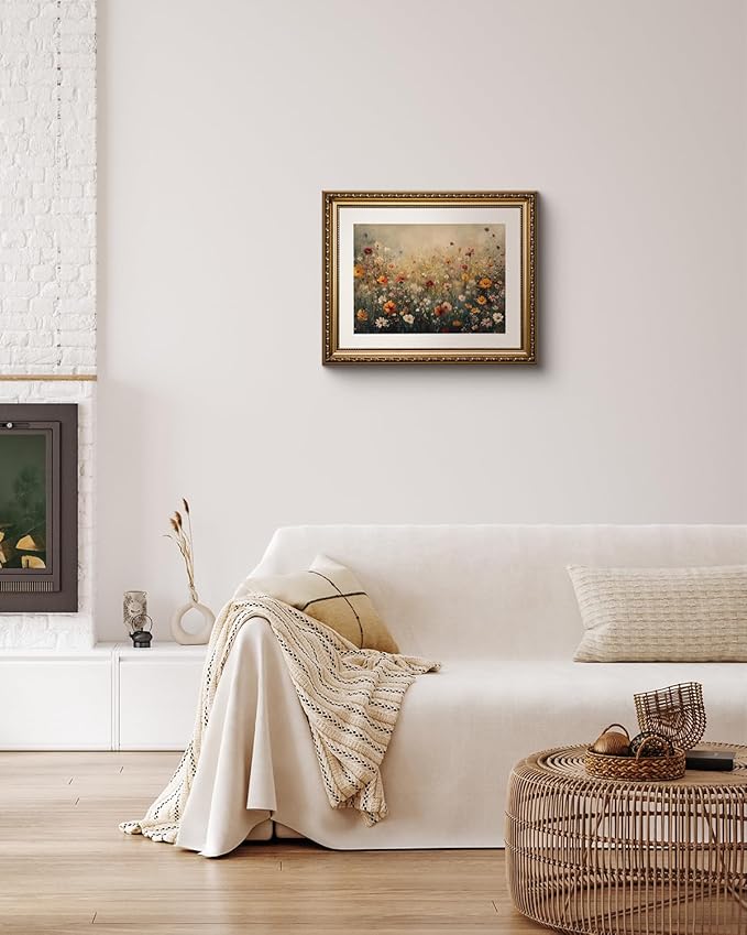 InSimSea Gold Picture Framed Wall Art, Living Room Nature Landscape Flower Wildflower Canvas Print Wall Decor, Vintage Landscape Home Farmhouse Decor, Antique Paintings with Frame 13x16inch