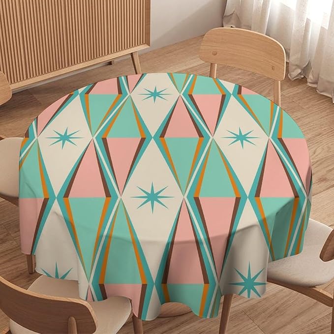 Mid Century Round Tablecloth, Vintage Bohemian Modern Mid-Century 50s 60s Print Tablecloth for Home Party Dining Room Kitchen Decor 50Inch(127cm)
