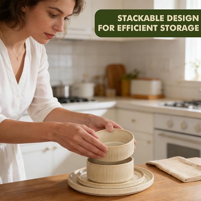 Stoneware Dinnerware Sets, Plates and Bowls Set for 4, 12-Piece Ribbed Dishes – Chip & Scratch Resistant, Microwave and Dishwasher Safe Tableware, Warm Off-White