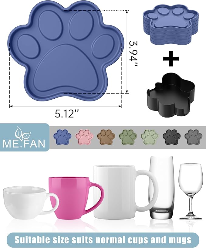 ME.FAN Silicone Coasters 6 Pack Paw Cup Mat with Holder, Dog Cat Paw Shape, for Hot or Cold Drink, Non-Slip, Non-Stick, Room Decor, Housewarming Olive Green