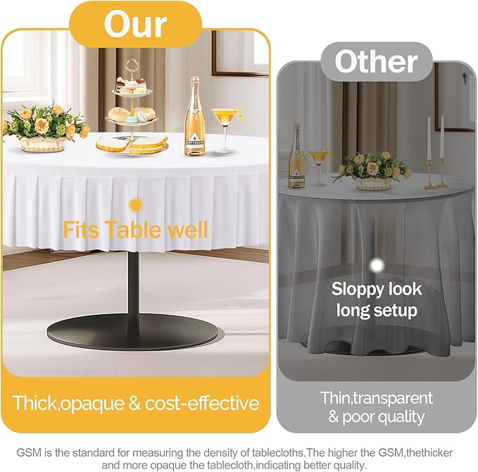 2 Pack White Spandex Round Tablecloths for 72in Tables, Stretchy Fitted 6FT Round Table Cloths, Wrinkle Free Table Cover with Skirt for Wedding Birthday Party Bridal Shower Banquet