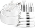 175PCS Sliver Plastic Plates - Silver Plates Disposable - White Plate with Silver Trim 25Guests Plastic Dinnerware Sets with Rolled Napkins for Wedding/Birthday/Valentine's Day