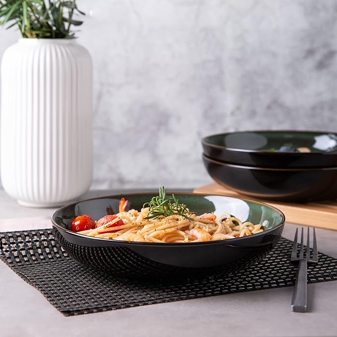 LERATIO 9.0" Pasta Bowls,38oz Ceramic Pasta Bowls,Reactive Glaze Pasta Bowl Set of 4,Microwave & Dishwasher,Oven Safe,Large Wide Serving Bowls for Salad, Dessert,Scratch Resistant-Green