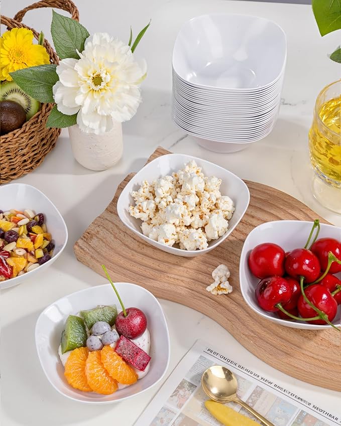 bUCLA 50Pack White Plastic Small Bowls - 8oz Disposable Ice Cream/Salsa/Dipping/Dessert/Sauce/Small Serving Bowls for Party