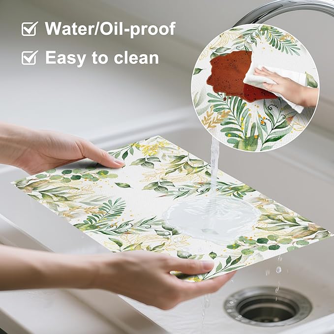 AOFOTO Watercolor Leaves Printed Placemats Set of 4 Spring Sage Green Gold Leaves Place Mats Washable Rectangular Table Mats for Party Home Kitchen Restaurant Dining Table Decor 12x18 Inch