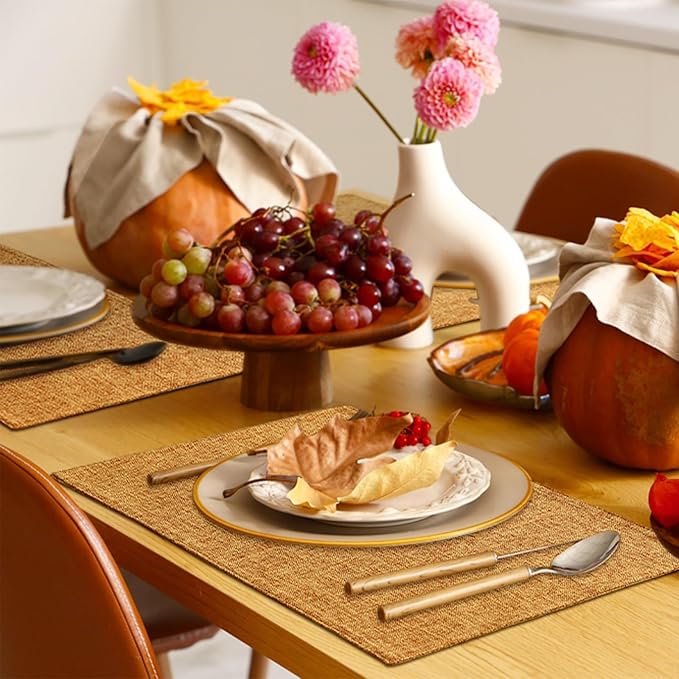 Homaxy Cloths Placemats for Dining Table Set of 8, Heat Resistant Washable Cotton Linen Blend Table Mats, Easy to Clean Place Mats for Indoor Outdoor Party Kitchen Decoration, 13" x 19", Amber