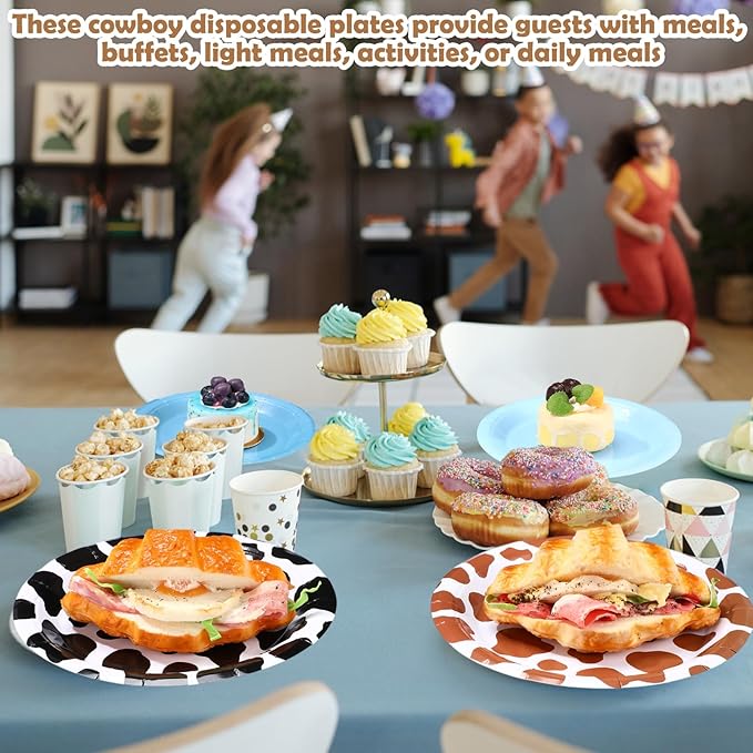 60 Pcs 7 Inch Western Cowboy Party Paper Plates Blue Brown Cartoon Plates Decorations Cow Print Disposable Dessert Dish for Western Theme Farm Birthday Baby Shower Farmhouse Party Supplies