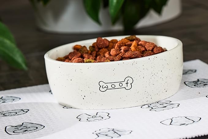 Pearhead Ceramic Pet Bowl 3-Cup Capacity Durable Speckled Dish with Woof Graphic Food Water Feeder for Small Medium Dogs