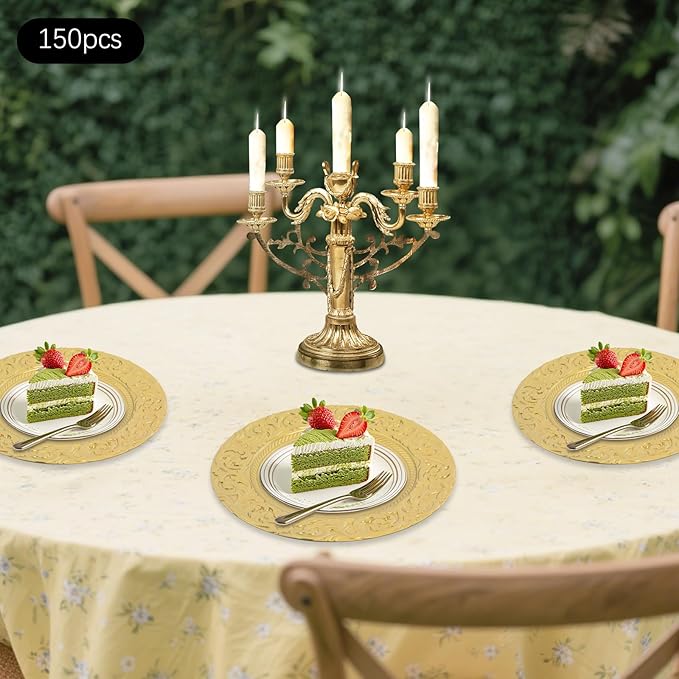 150 Pcs Antique Charger Plates Bulk, 13in Reusable Serving Plates Embossed Rim Plastic Party Dinner Plate Chargers Round Decorative Server Plate for Wedding Party Event Tableware