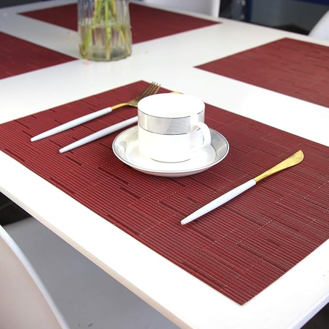 Placemats for Dining Table Washable Easy to Clean PVC Placemat Heat-resistand Woven Vinyl Wipe Clean Table Mats (placemats Set of 6, Bamboo Red)