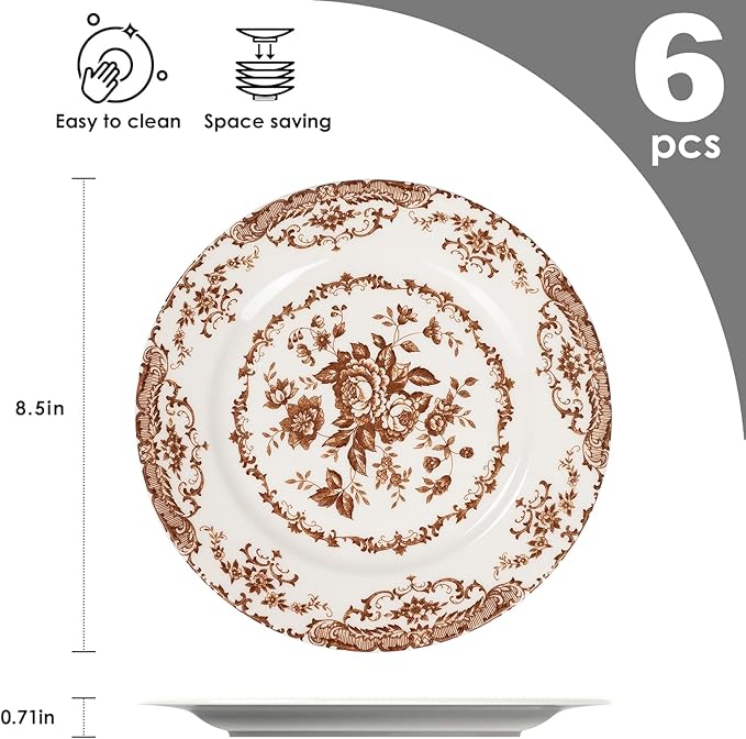 Salad Plates, 8.5 Inch Ceramic Plates Set of 6, Kitchen Plates Microwave Safe Plate, White Porcelain Dessert Porcelain Serving Dishes, Brown
