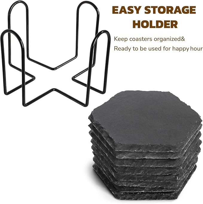 ZOOFOX 24 Pieces Slate Drink Coasters, Hexagon Black Slate Stone Coaster Bulk for Laser Engraving, Beverage Coasters with Non-Slip Bottom Mat for Home Decor, Bar, Housewarming Gifts