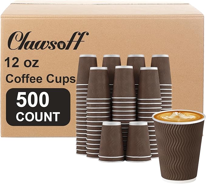 500 Pack 12 oz Coffee Cups, Disposable Corrugated Insulated Ripple Wall Paper Coffee Cups 12oz for Hot or Cold Drinks Office Home Cafe Party Travel (Brown)