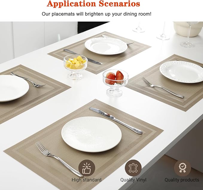Placemats Set of 12,Washable,Heat and Stain Resistant Indoor/Outdoor Place mats,Vinyl Woven Non Slip Table Mats for Restaurant Table Protection,PVC Placemats(Beige,12PCS)