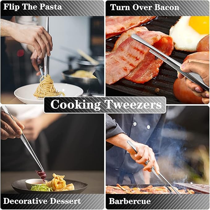 JETKONG 4 Pcs Kitchen Tweezers Tongs Stainless Steel Cooking Tweezers Set, Professional Kitchen Long Tweezer for Cooking, Repairing, and BBQ (10+12-Inch, Silver)